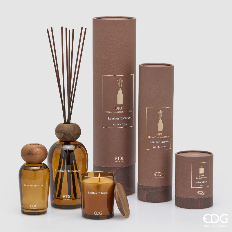 Linea Opal Leather Tobacco: profumatori e candele con confezioni