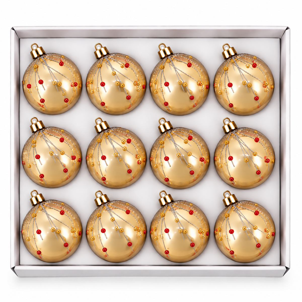 Set 12 Palline di Natale Infrangibili Champagne Lucide con Glitter, 8 cm e 10 cm – palline di Natale infrangibili Merry Worlds