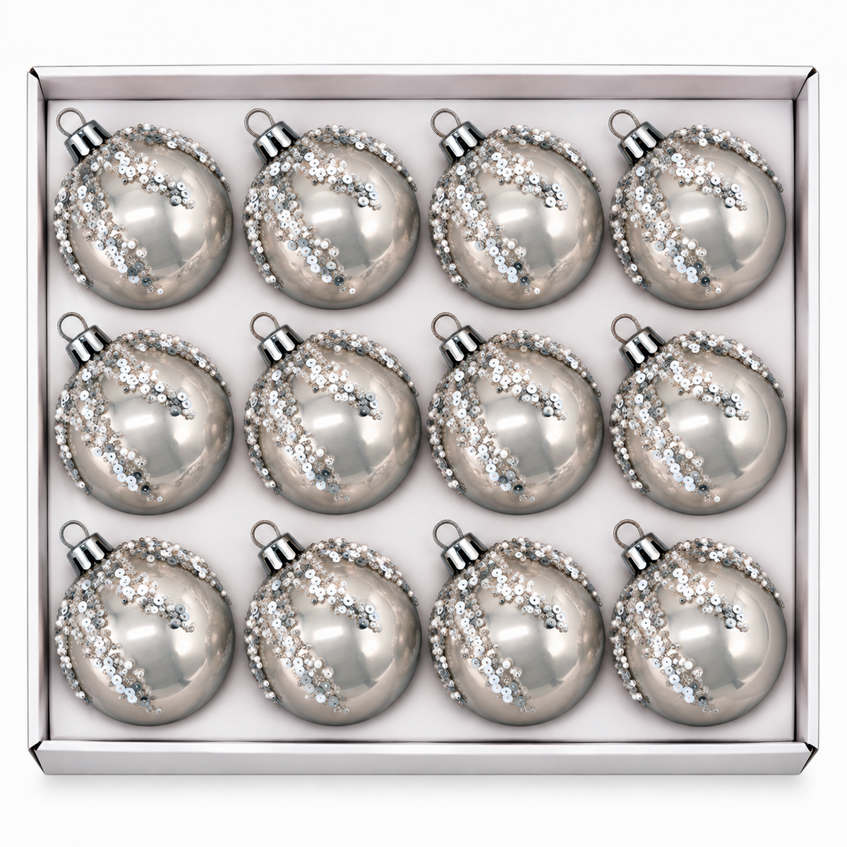 Set 12 Palline di Natale Infrangibile Argento con Paillettes Argento 8cm/10cm – palline di Natale infrangibili Merry Worlds