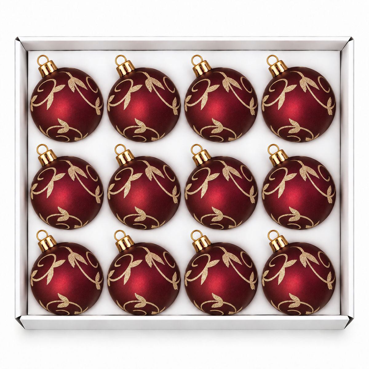 Set 12 Palline di Natale Infrangibile Bordeaux con Tralci e Foglioline Glitter 8cm/10cm – palline di Natale infrangibili Merry Worlds