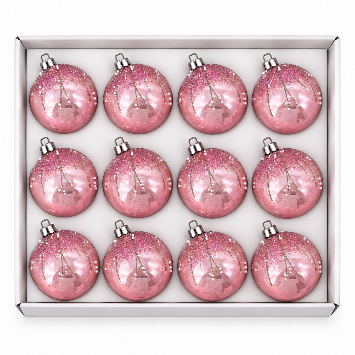 Set 12 Palline di Natale Infrangibile Rosa con Glitter Oro e Perline 8cm/10cm – palline di Natale infrangibili Merry Worlds