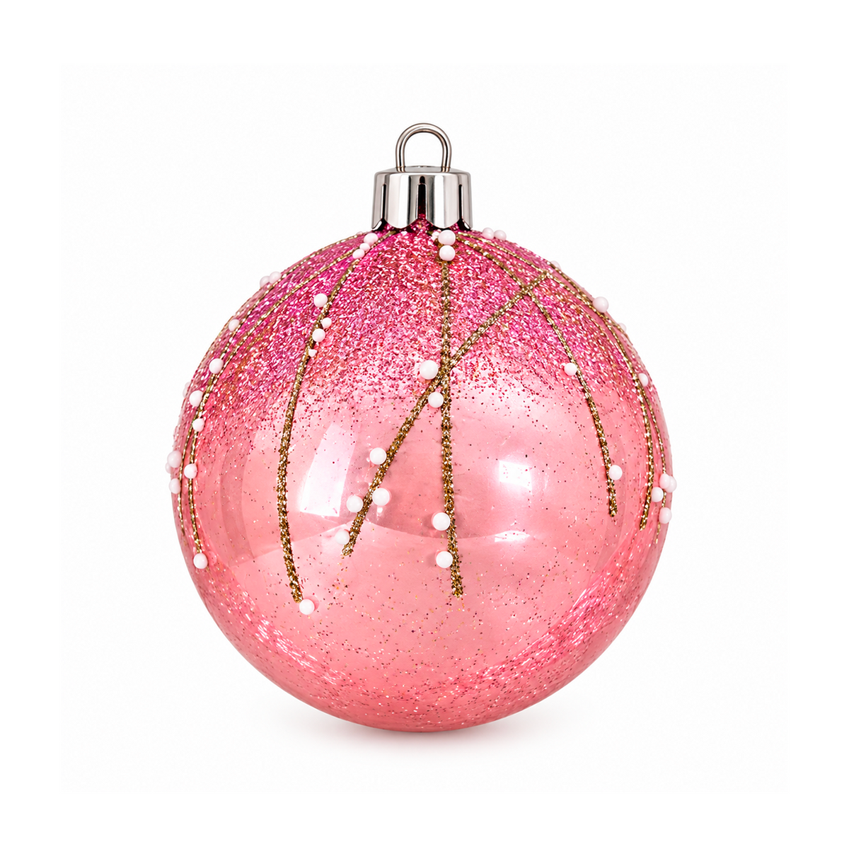 Set 12 Palline di Natale Infrangibile Rosa con Glitter Oro e Perline 8cm/10cm – decorazioni per albero di Natale Merry Worlds, foto 2