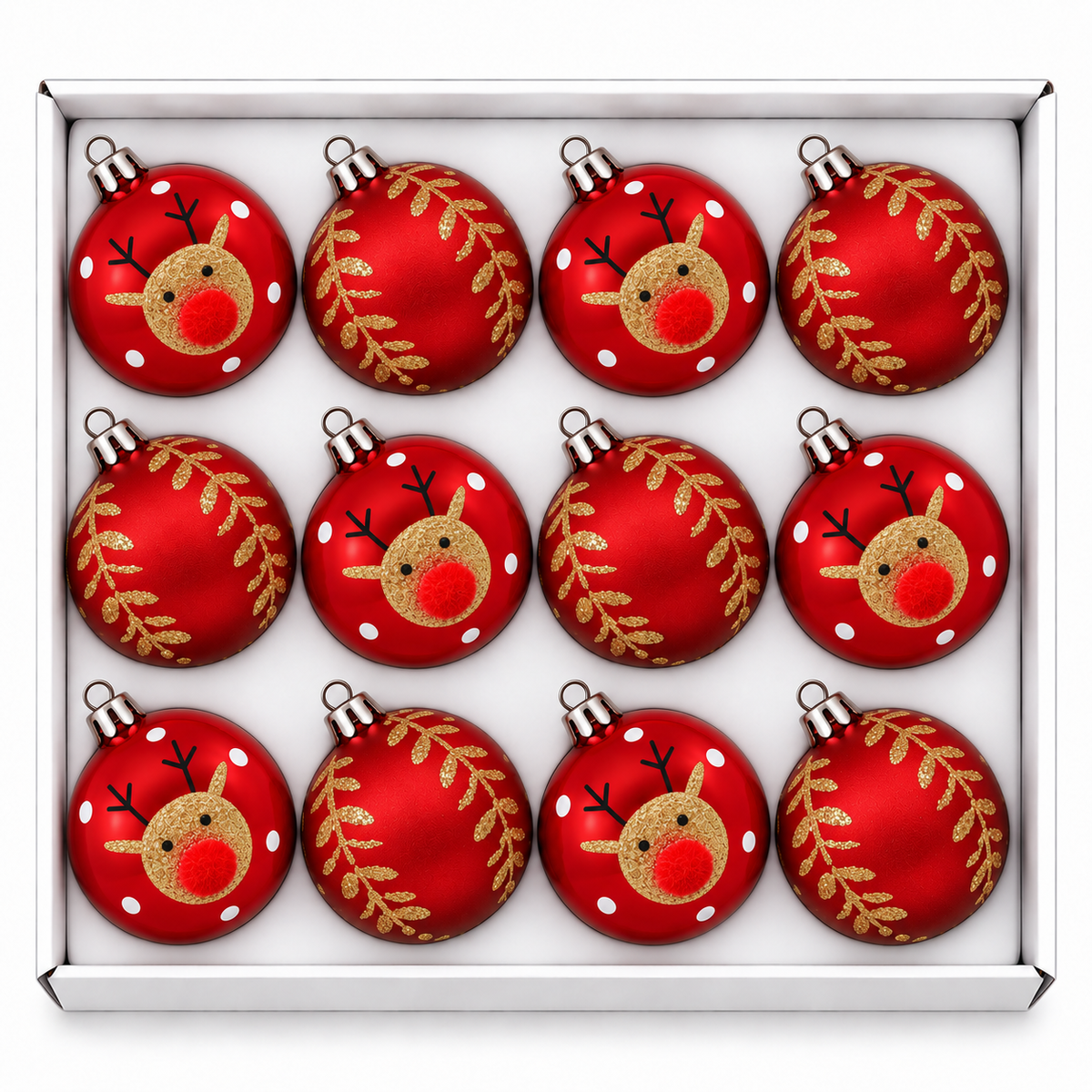 Set 12 palline di Natale infrangibili rosse con disegno glitter oro, 8 cm – palline di Natale infrangibili Merry Worlds