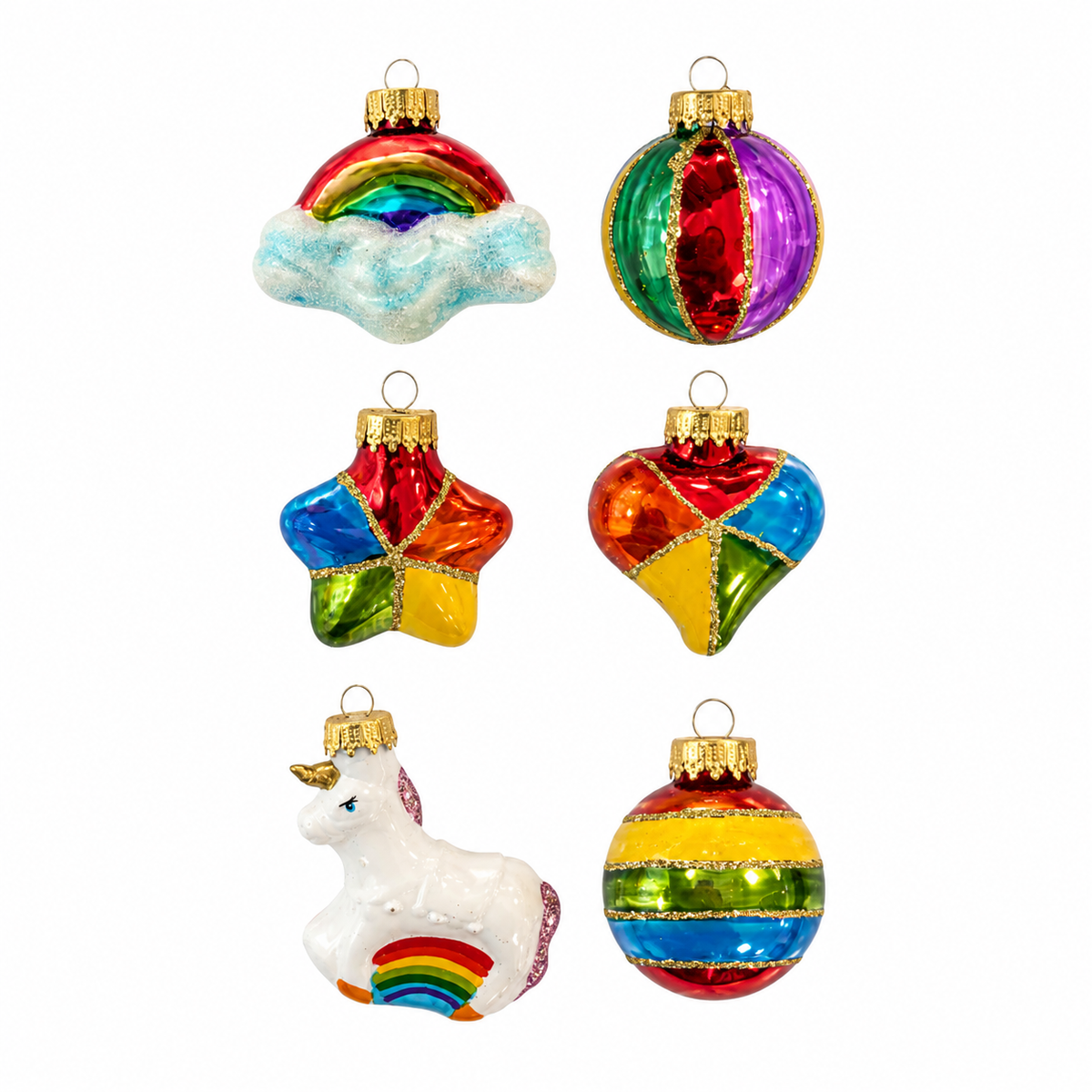 Set 6 mini decorazioni natalizie in vetro rainbow per un albero di Natale inclusivo – ornamenti natalizi Merry Worlds