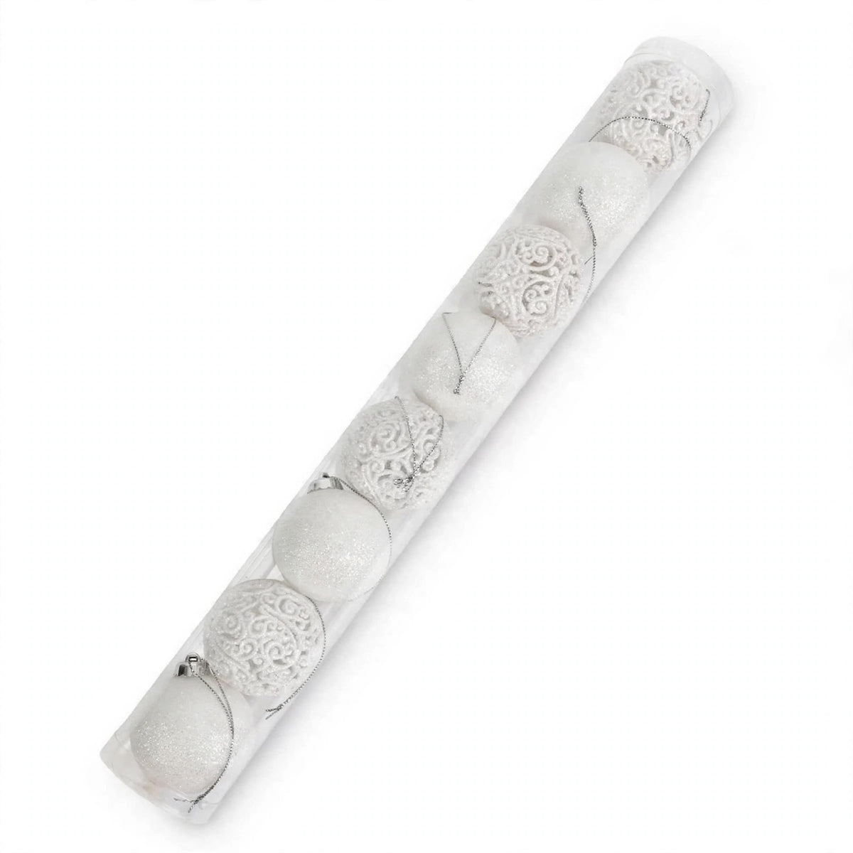 Set 8 Palline Glitter Infrangibili Traforate, 6cm, colore Bianco – decorazioni per albero di Natale Merry Worlds, foto 2
