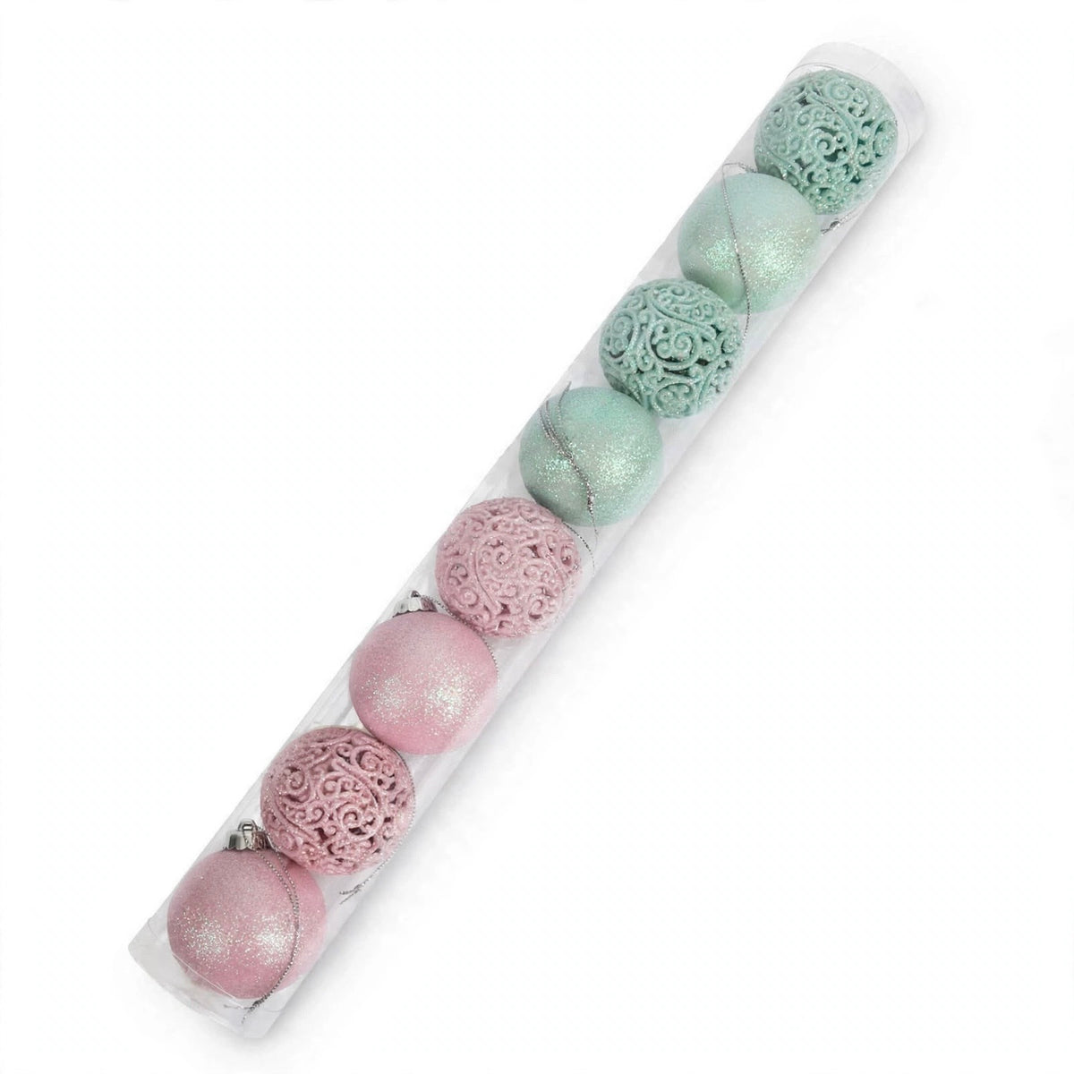 Set 8 Palline Glitter Infrangibili Traforate, 6cm, colore Rosa e Azzurro – addobbi natalizi eleganti Merry Worlds, foto 4
