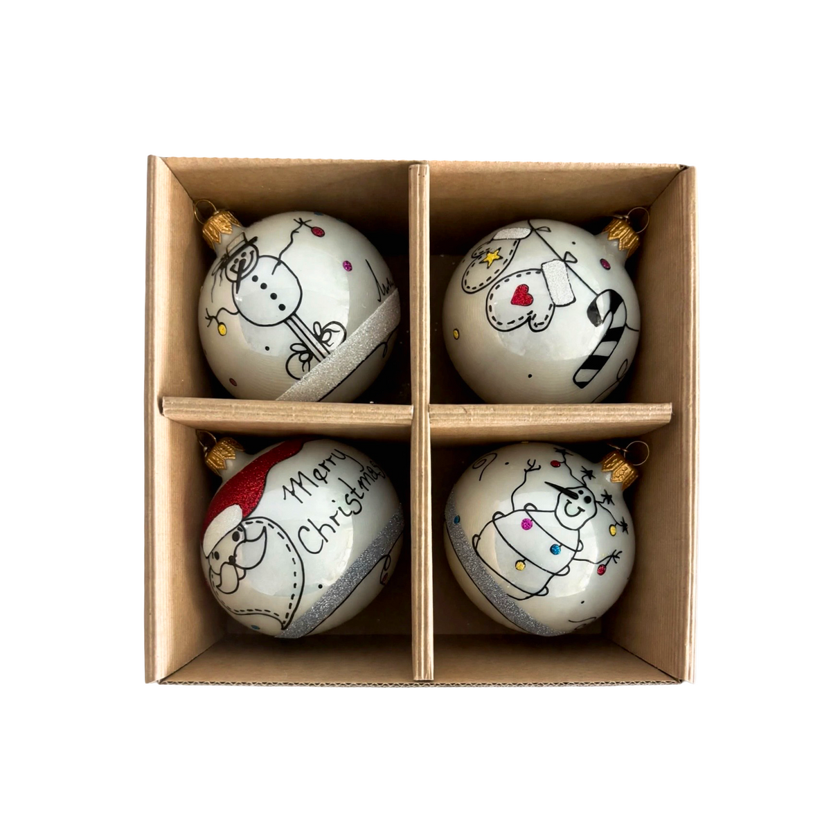 Set 4 palline di Natale in vetro bianco 8 cm, decori invernali, pupazzo di neve – addobbi natalizi eleganti Merry Worlds, foto 2