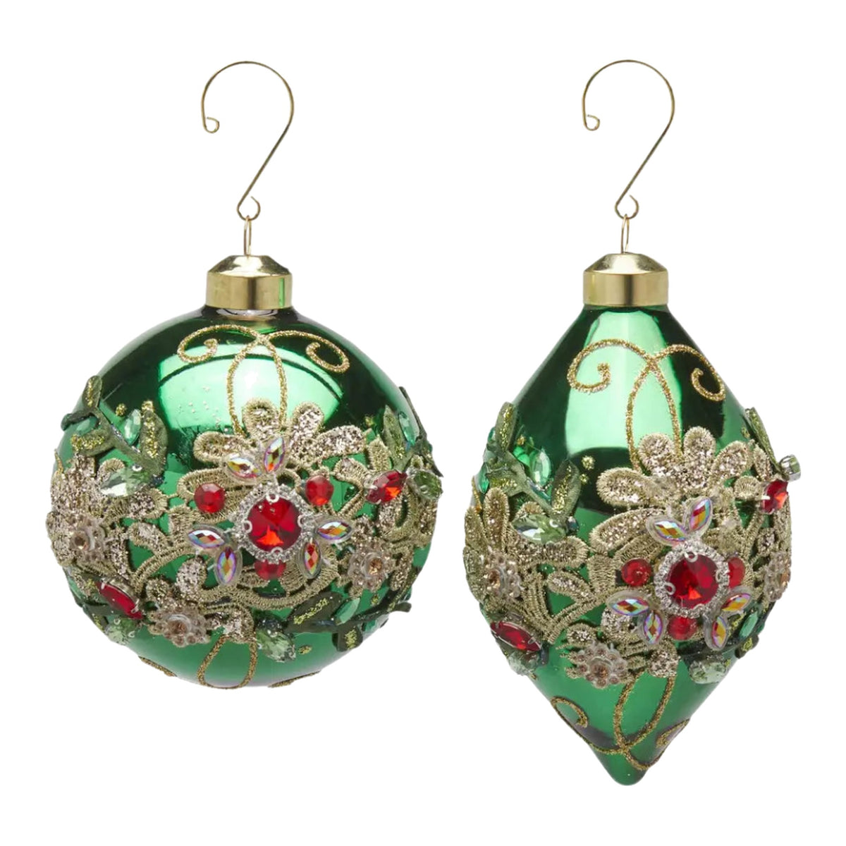 Set sfera e fuso in vetro con fiori vittoriani in merletto e cristalli – decorazioni natalizie di lusso Merry Worlds