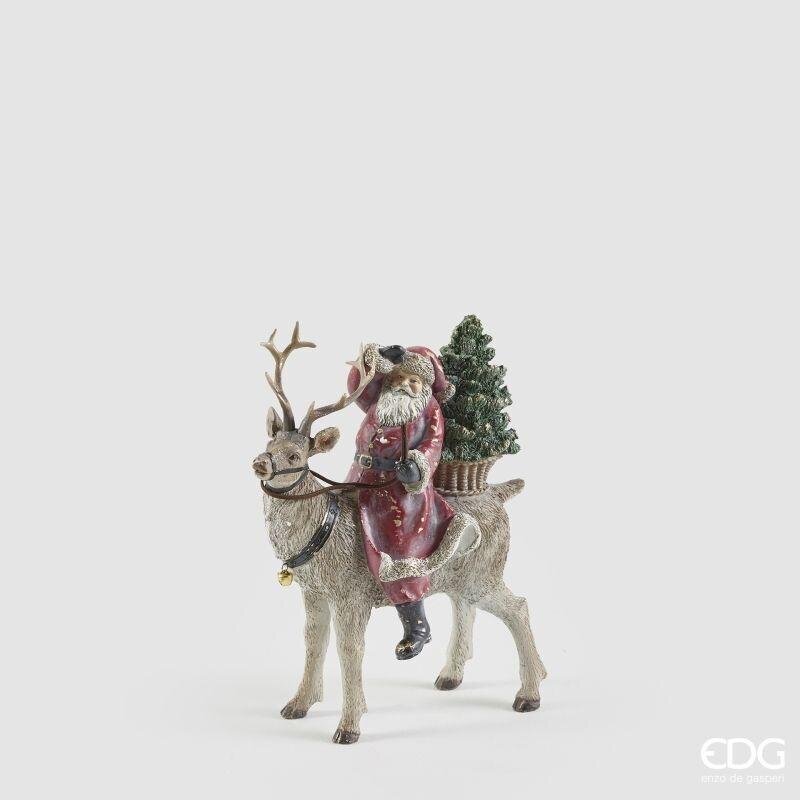 Statua natalizia Babbo Natale in groppa alla renna con alberello e doni, 26 cm