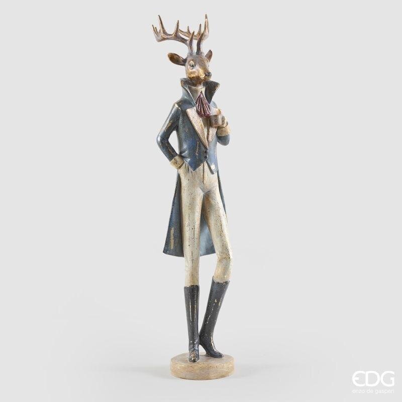 Statua natalizia cervo Bohème dandy in redingote blu e pantaloni bianchi, 74 cm