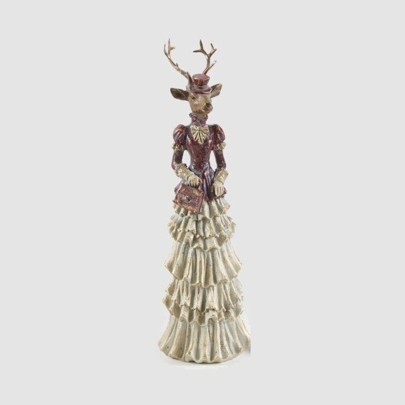 Statua natalizia cervo Bohème dama con abito bianco in pizzo e corpetto bordeaux, 42 cm