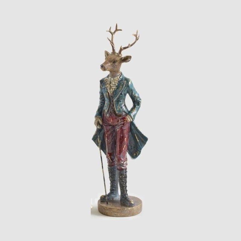 Statua natalizia cervo Bohème gentiluomo in redingote blu con bastone, 42 cm