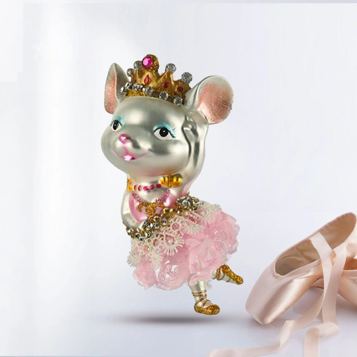 Topolina ballerina in vetro argentato con corona e tutù rosa, decorazione natalizia 12 cm