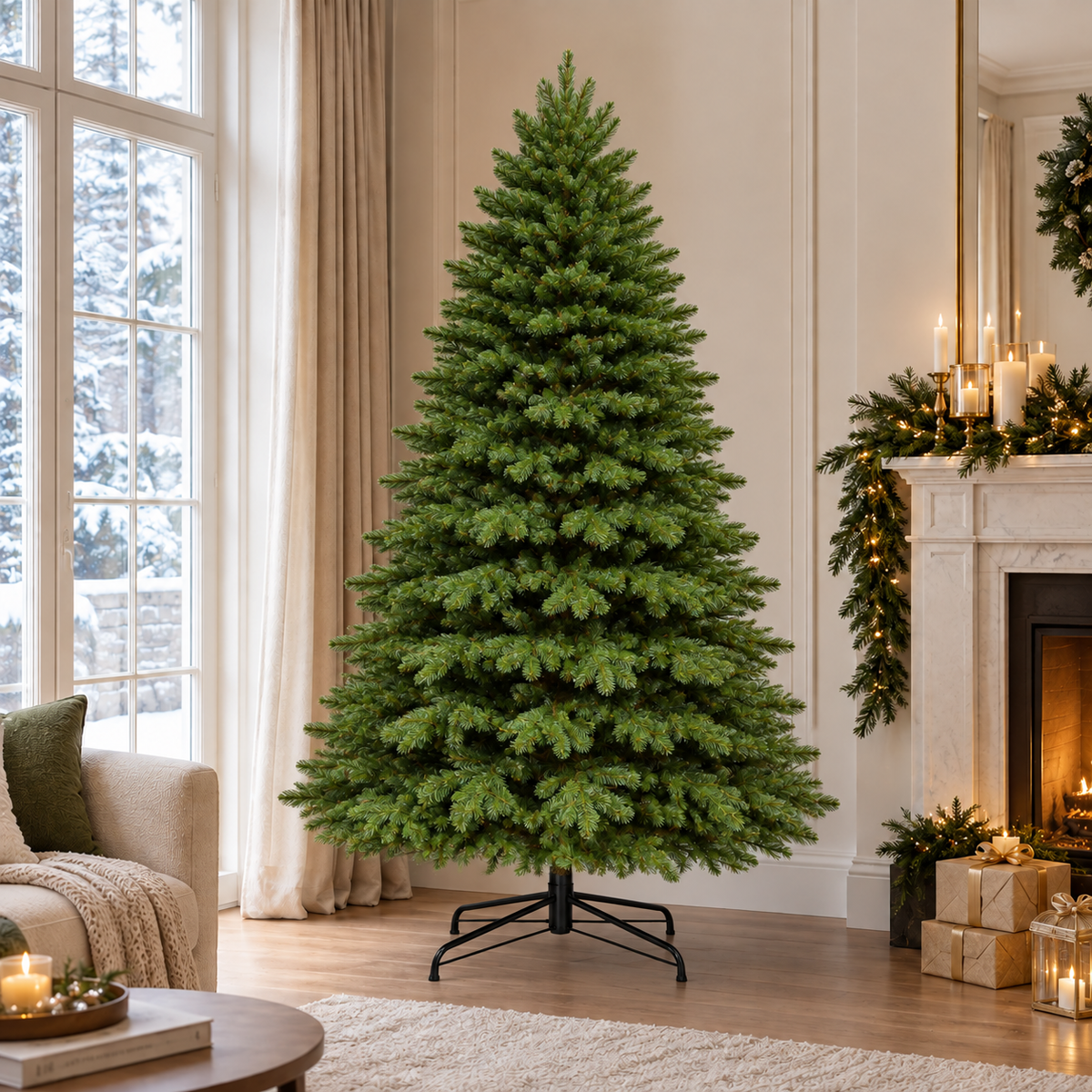 Abete Alpino Elite PE, Albero di Natale Realistico Folto, ambientato in salotto – decorazioni natalizie di lusso Merry Worlds, foto 2