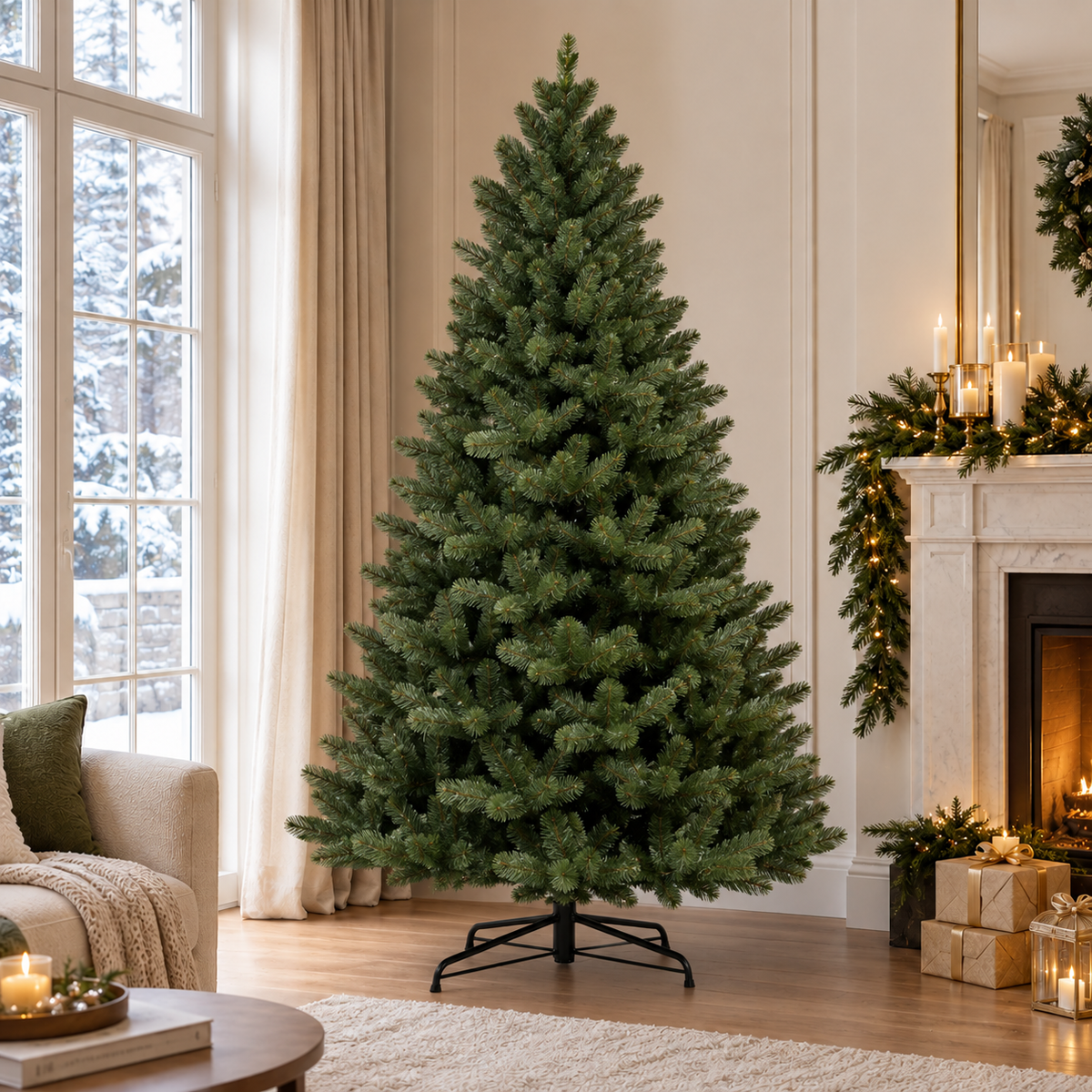 Abete Classico Elite PE, Elegante Albero di Natale, ambientato accanto al caminetto – addobbi natalizi eleganti Merry Worlds, foto 2