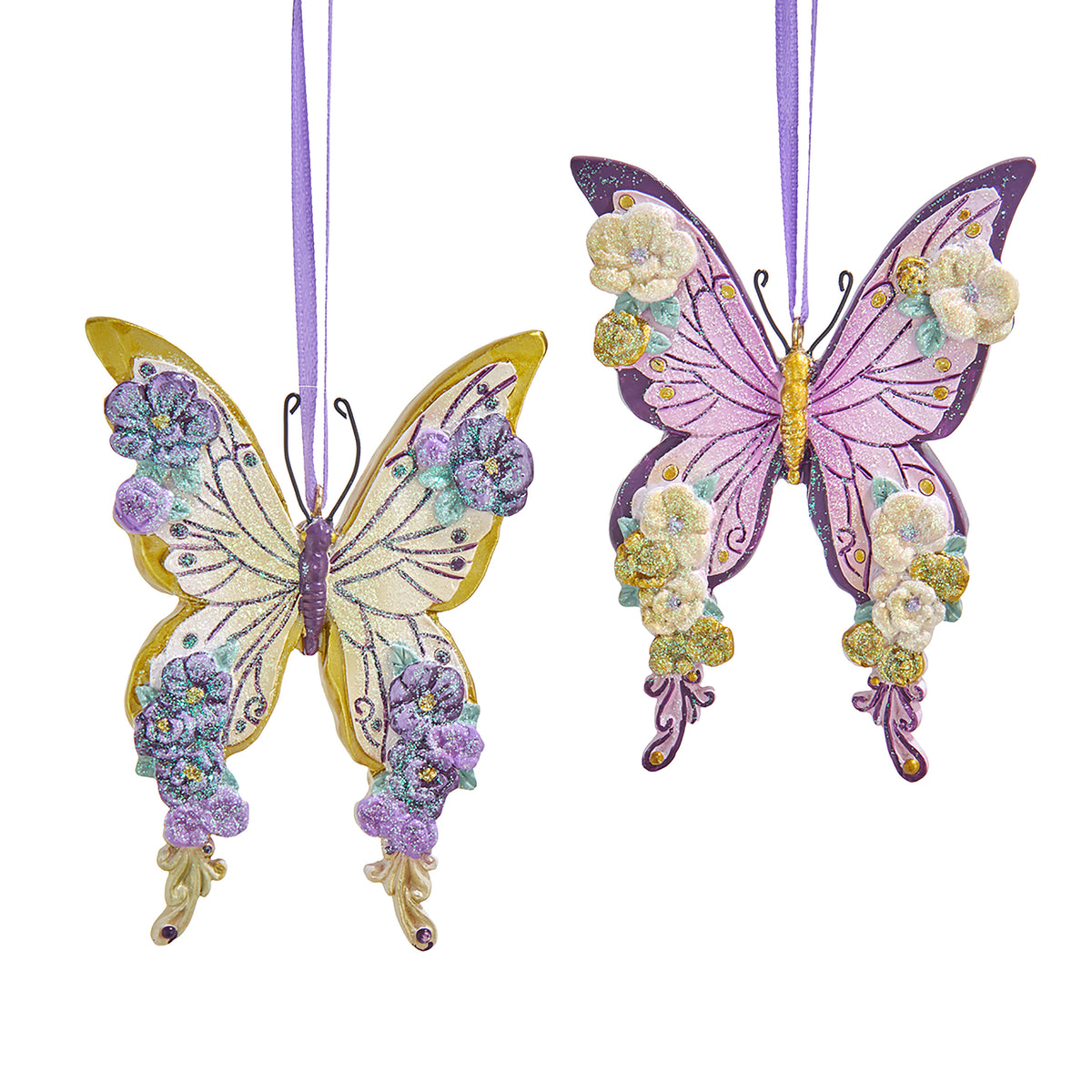 Addobbo natalizio farfalla viola e oro in resina, 9 cm – ornamenti natalizi Merry Worlds
