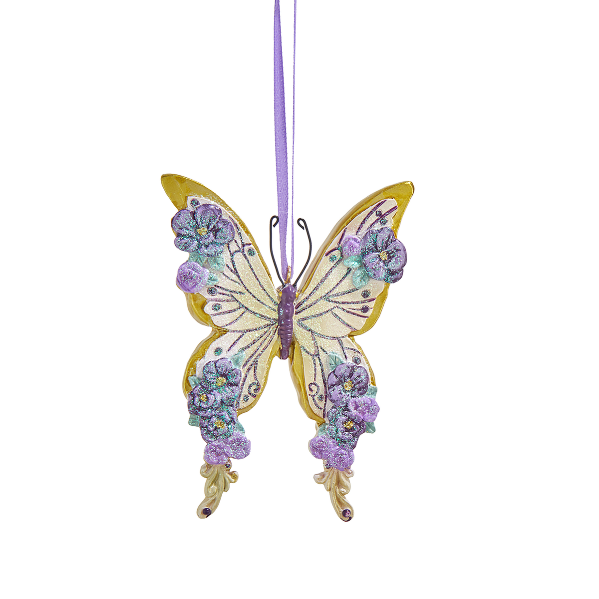 Addobbo natalizio farfalla viola e oro in resina, 9 cm, farfalla con ali dorate – ornamenti natalizi Merry Worlds, foto 2