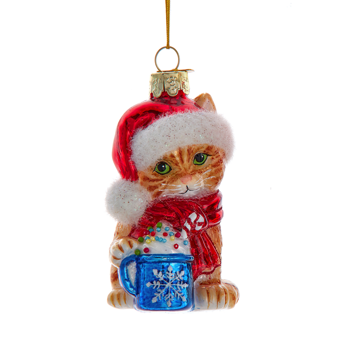 Addobbo Natalizio in Vetro Gattino con Cioccolata Calda, 8 cm, Gattino Rosso – ornamenti natalizi Merry Worlds, foto 2