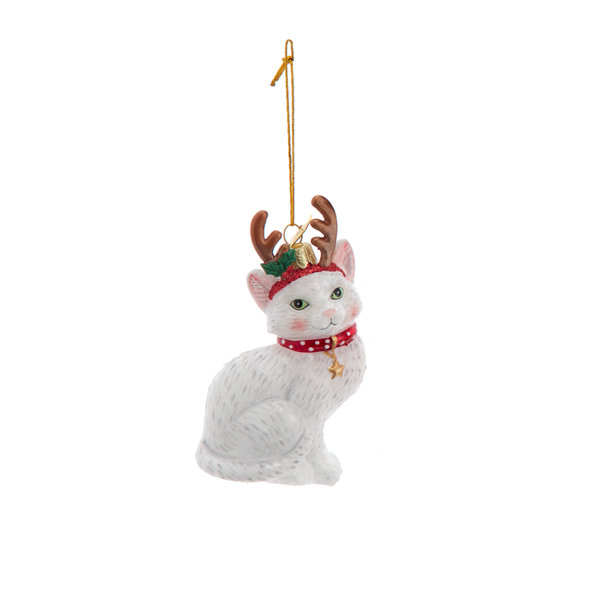 Addobbo Natalizio in Vetro Gatto con Corna di Renna, 10 cm, Gatto Bianco – ornamenti natalizi Merry Worlds, foto 2