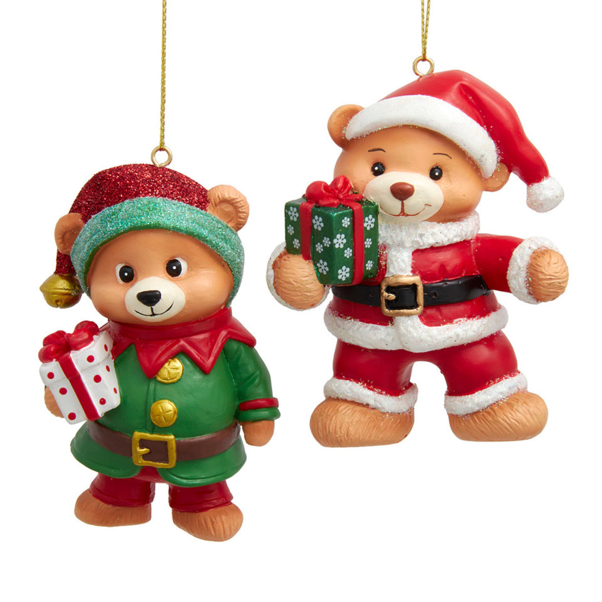 Addobbo Orsetto Babbo Natale ed Elfo con Regalo, 9,5 cm, 2 modelli assortiti – decorazioni per albero di Natale Merry Worlds