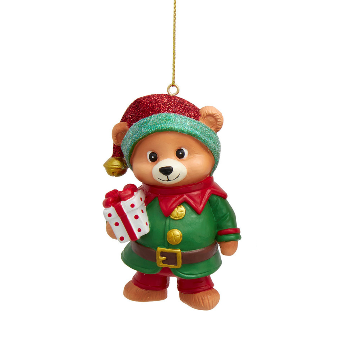 Addobbo Orsetto Babbo Natale ed Elfo con Regalo, 9,5 cm, Orsetto Elfo – ornamenti natalizi Merry Worlds, foto 2