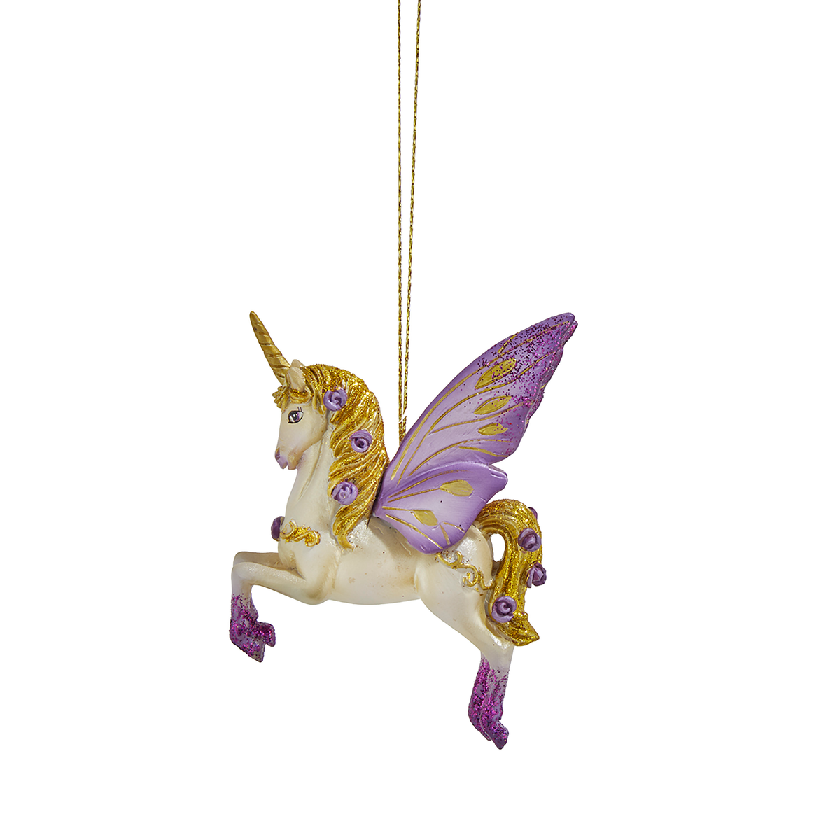 Addobbo natalizio unicorno viola e oro in resina, 11 cm, ali viola – decorazioni per albero di Natale Merry Worlds, foto 2