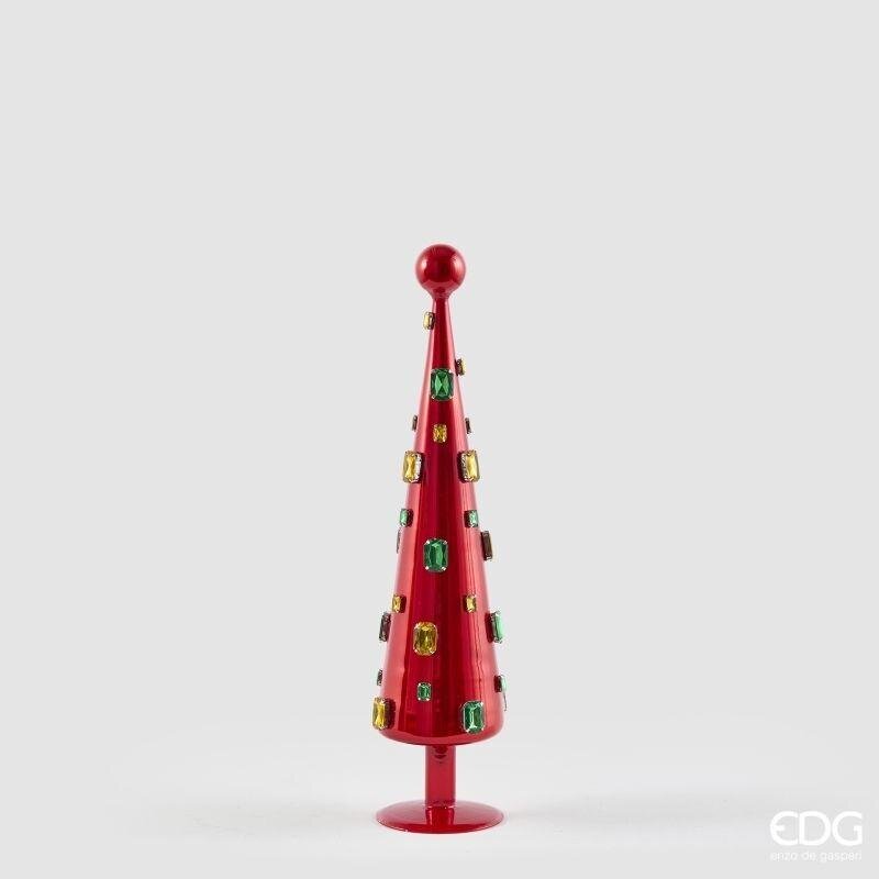 Alberello decorativo a cono in vetro rosso con gemme colorate, 45 cm