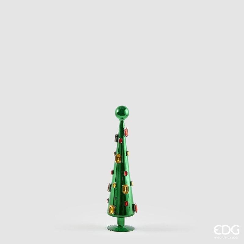 Alberello decorativo a cono in vetro verde con gemme colorate, 34 cm