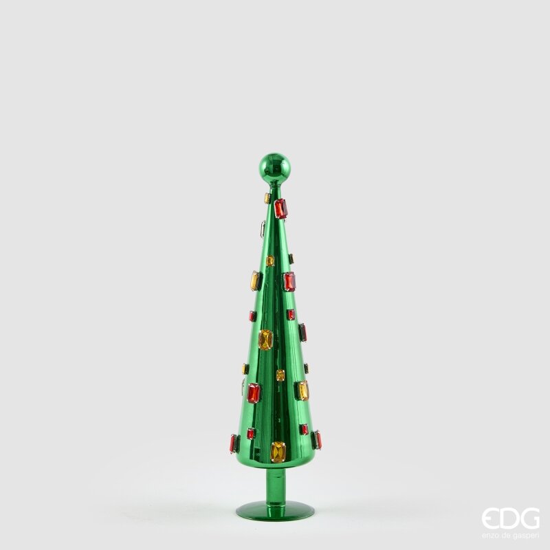 Alberello decorativo a cono in vetro verde con gemme colorate, 45 cm