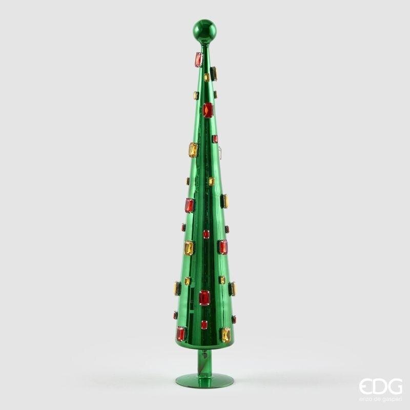 Alberello decorativo a cono in vetro verde con gemme colorate, 61 cm