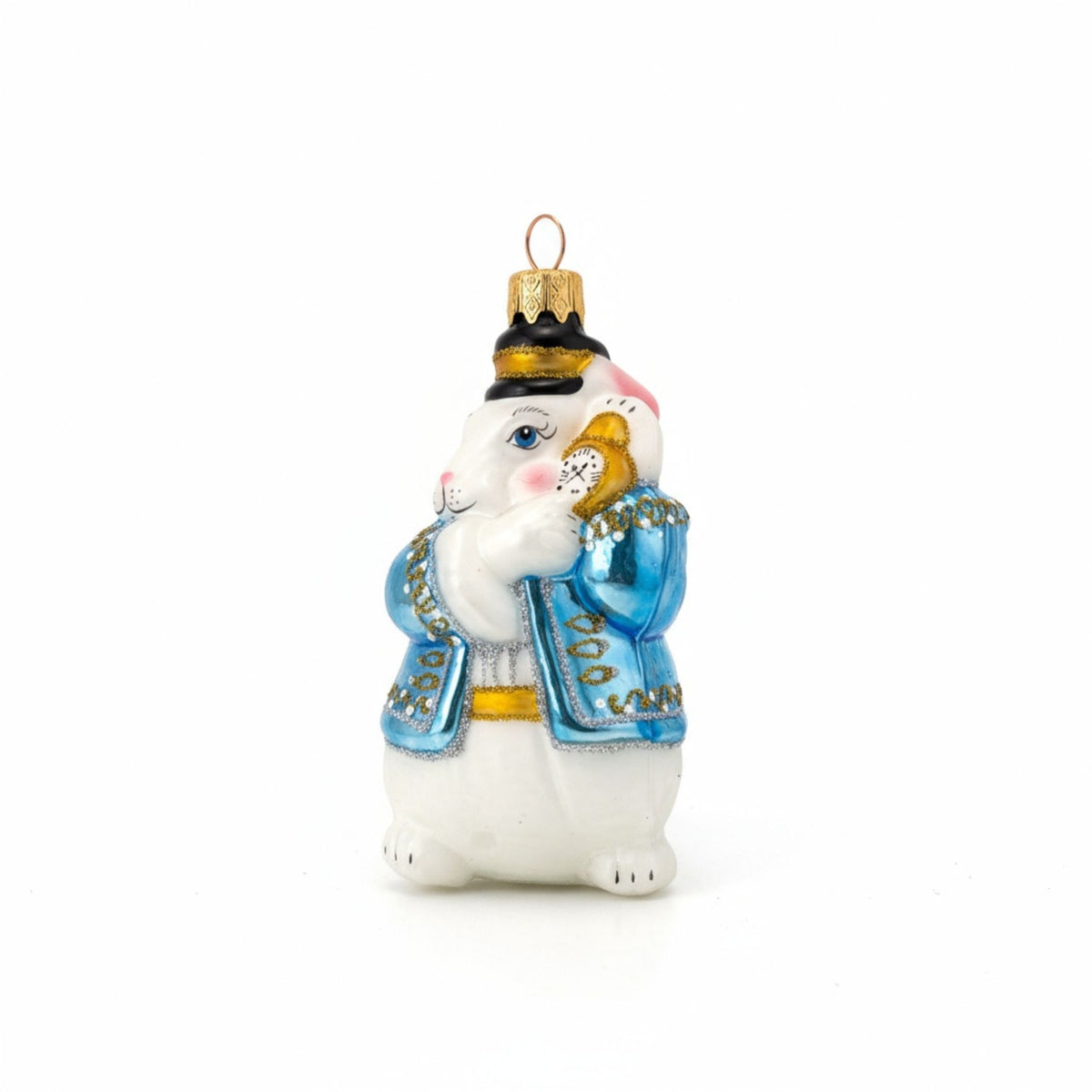 Bianconiglio con panciotto azzurro e orologio in vetro, 10 cm – decorazioni natalizie di lusso Merry Worlds