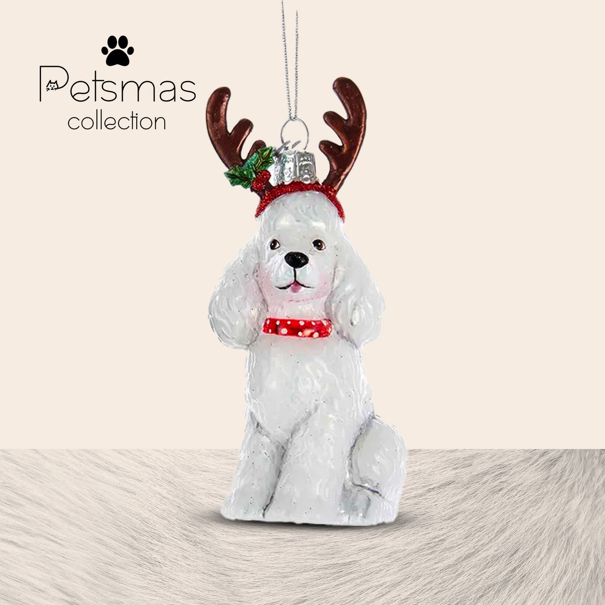 Cane Barboncino Bianco con corna di renna in vetro – decorazione natalizia per albero di Natale Merry Worlds