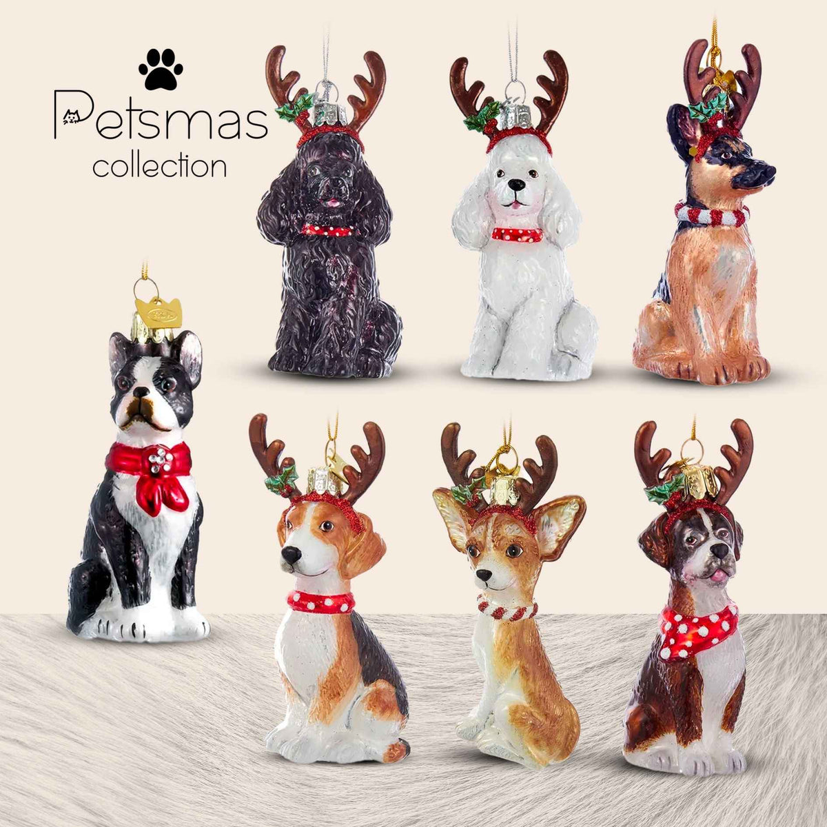 Cani con corna di renna in vetro in 19 razze – decorazioni natalizie per albero di Natale Merry Worlds