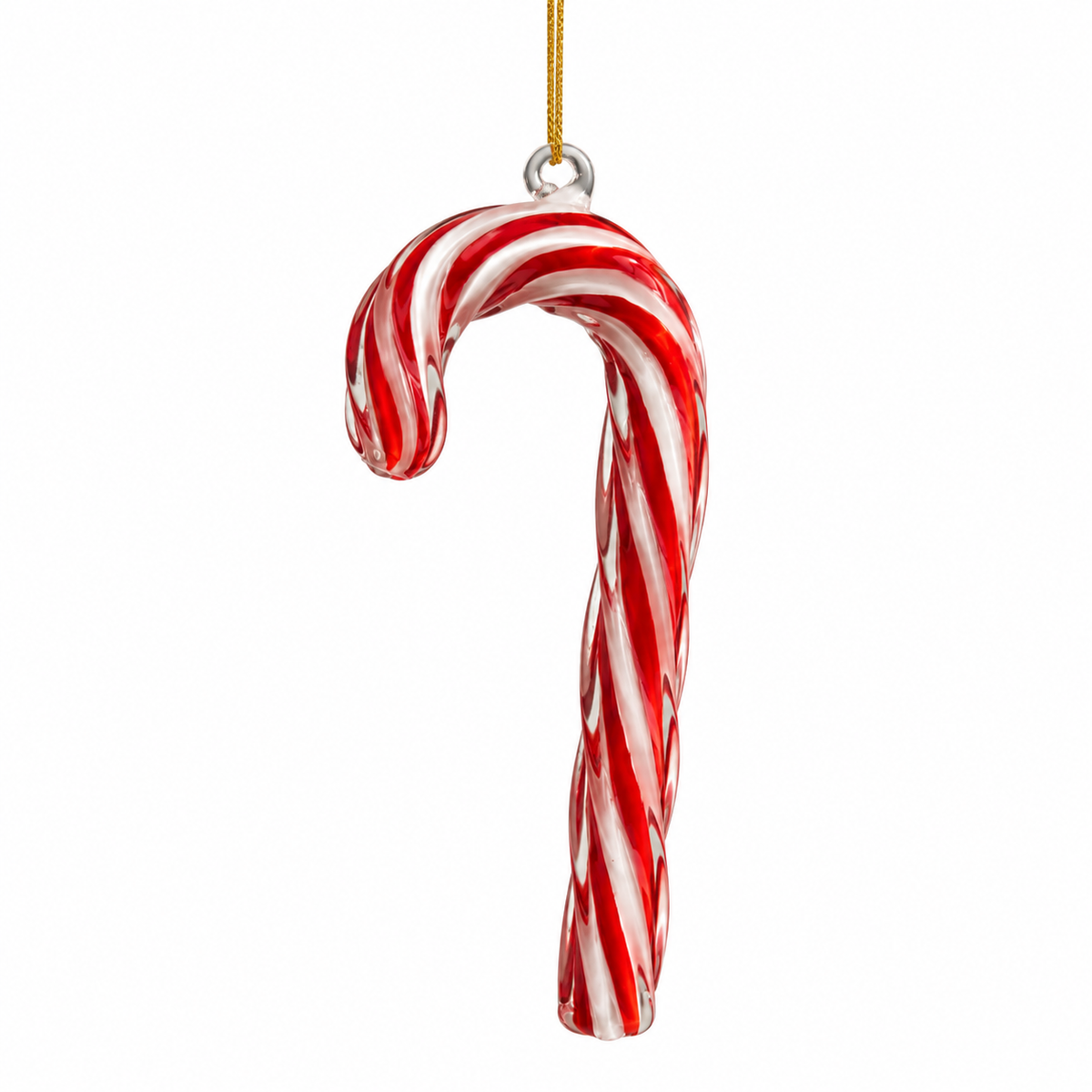 Bastoncino di zucchero in vetro rosso e bianco con cordoncino oro, decorazione natalizia – ornamenti natalizi Merry Worlds