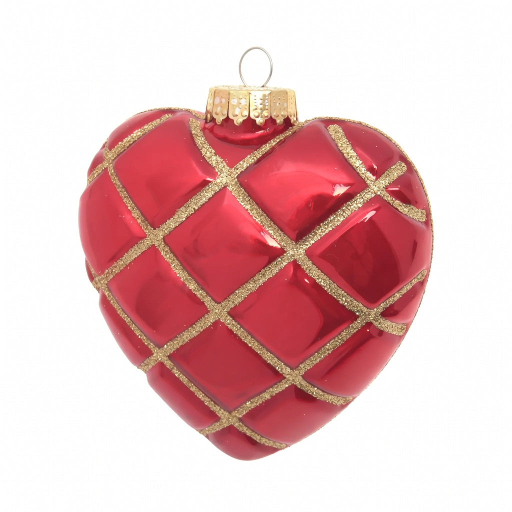 Cuore Trapuntato in Vetro Rosso Glitter Oro – decorazioni natalizie di lusso Merry Worlds