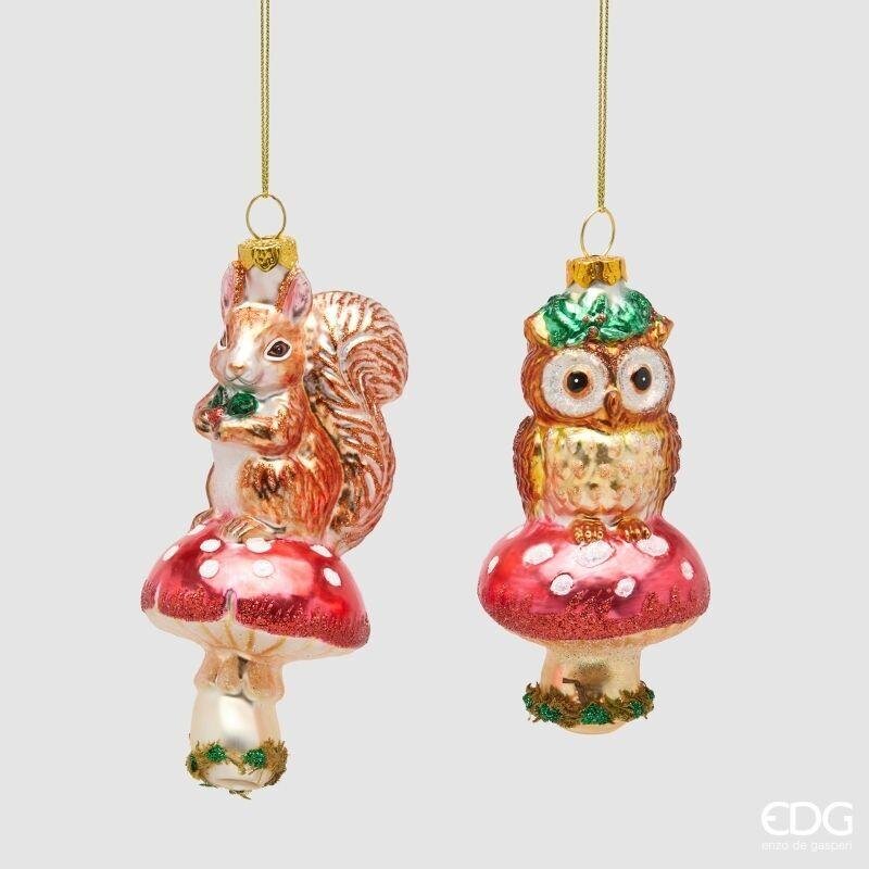 Decorazioni natalizie in vetro scoiattolo e gufo seduti su fungo rosso a pois, 13 cm