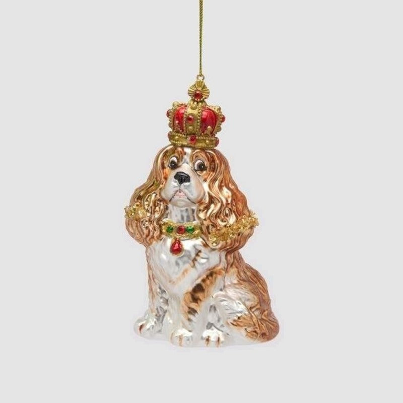 Decorazione natalizia in vetro cocker con coroncina e fiocco, 14 cm