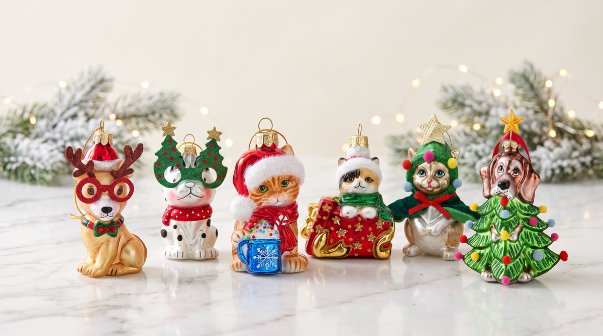 Cagnolini e gattini di Natale in vetro, tra cui un dalmata e un gattino vestito da albero, su marmo avorio. Merry Worlds.