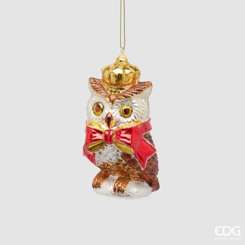 Decorazione per albero di Natale gufo in vetro con corona dorata e fiocco rosso, 11,5 cm