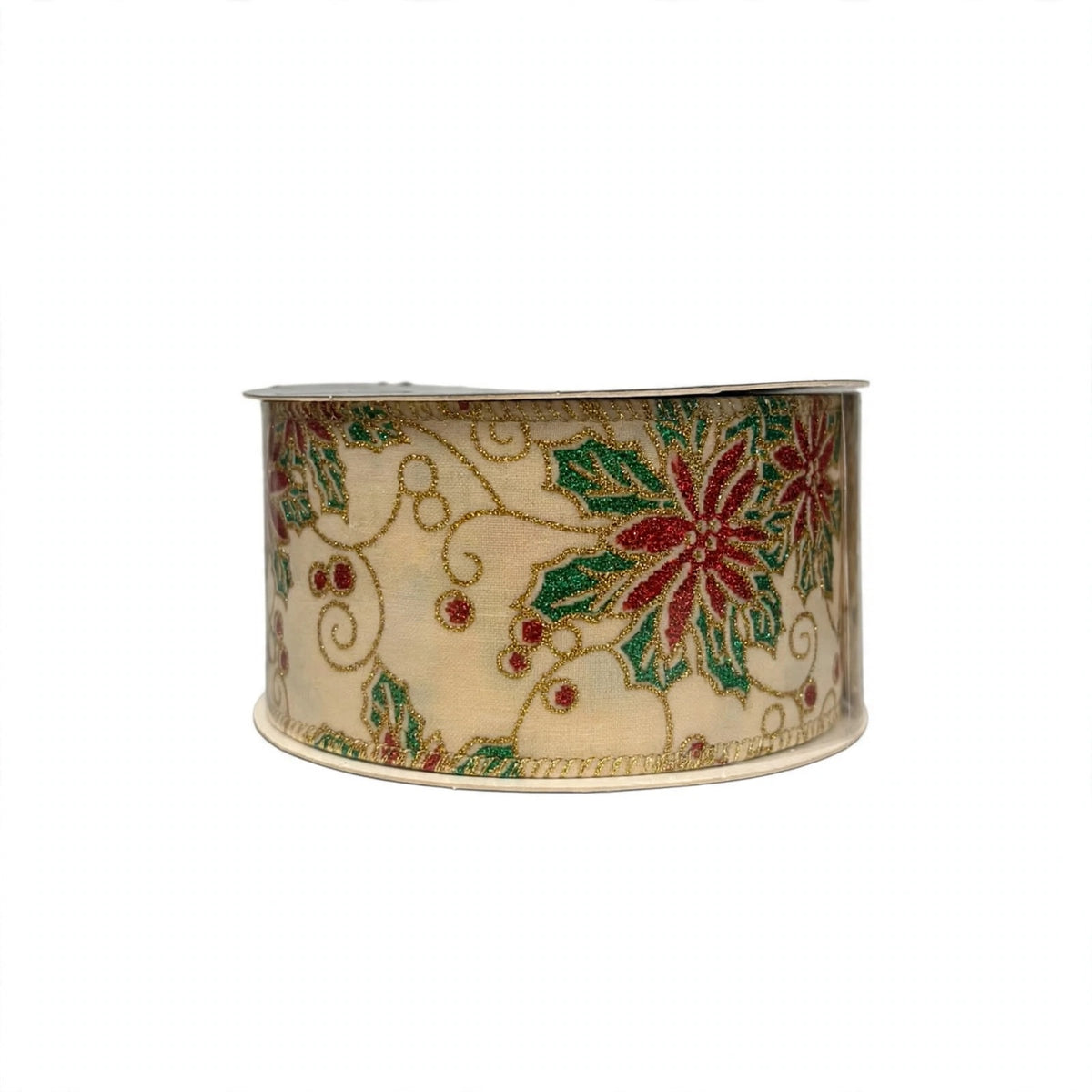 Nastro di Natale in tessuto beige con stelle ricamate rosse e intarsi oro – nastri natalizi Merry Worlds
