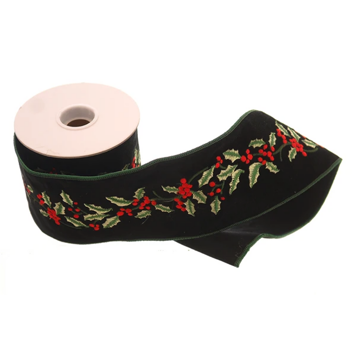 Nastro natalizio in velluto nero con vischio ricamato, 10 cm x 4,6 m – nastri natalizi Merry Worlds