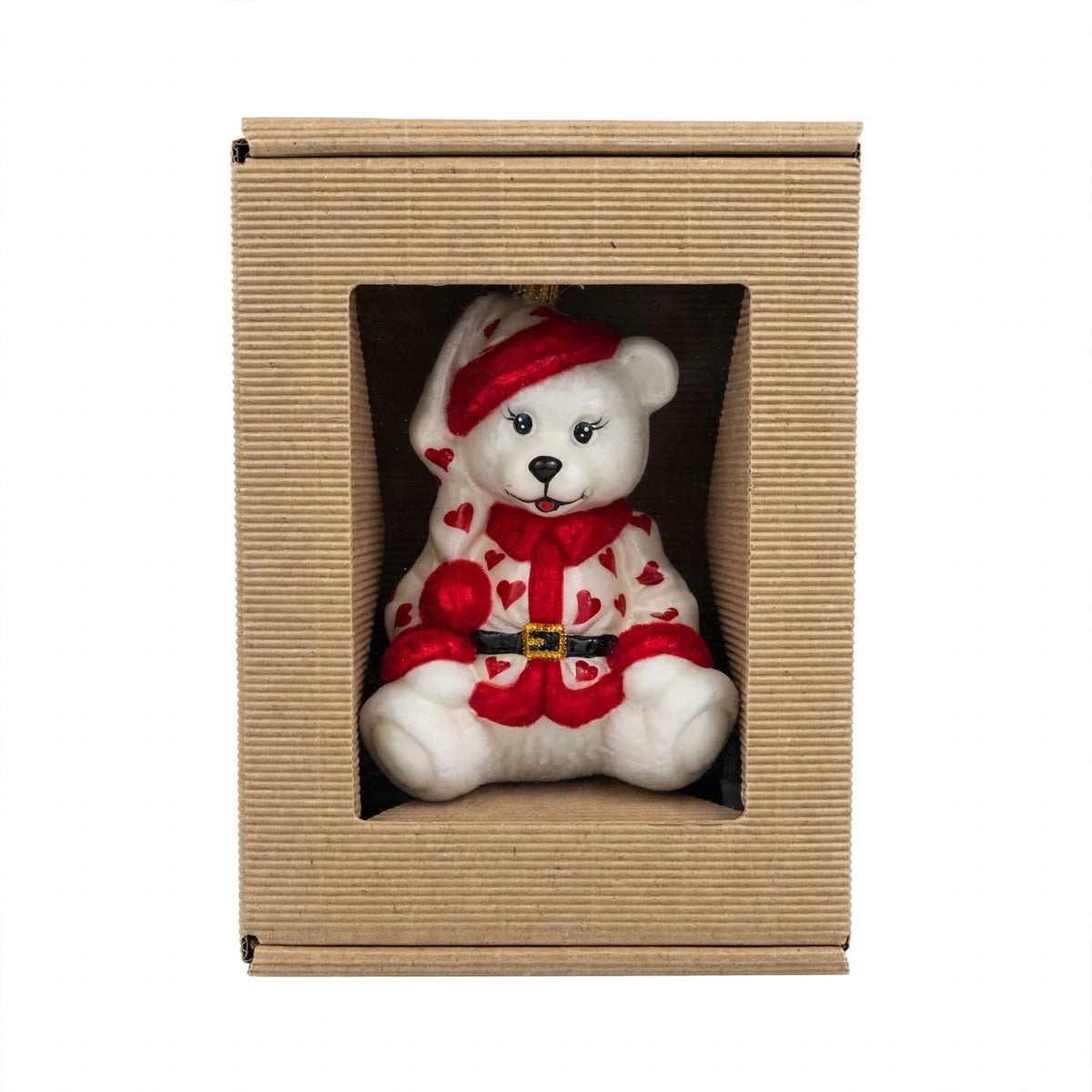 Orsetto con vestito a cuoricini rossi in vetro soffiato, 14 cm – ornamenti natalizi Merry Worlds