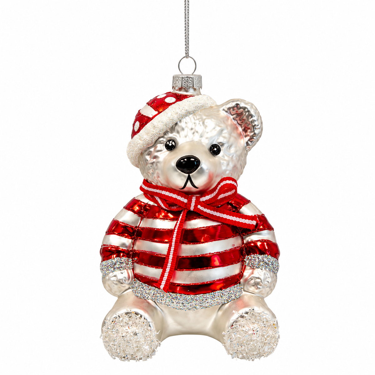 Decorazione per Albero di Natale in Vetro – Orsetto con Maglione a Righe, 14 cm
