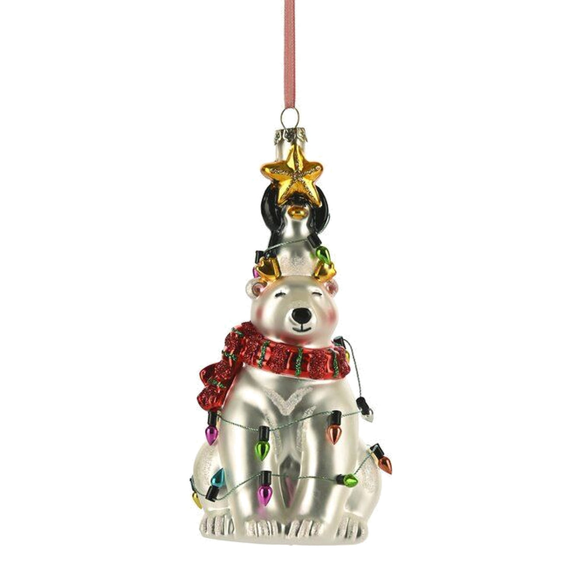 Orso polare con pinguino e luci di Natale, decorazione in vetro 14 cm – decorazioni per albero di Natale Merry Worlds