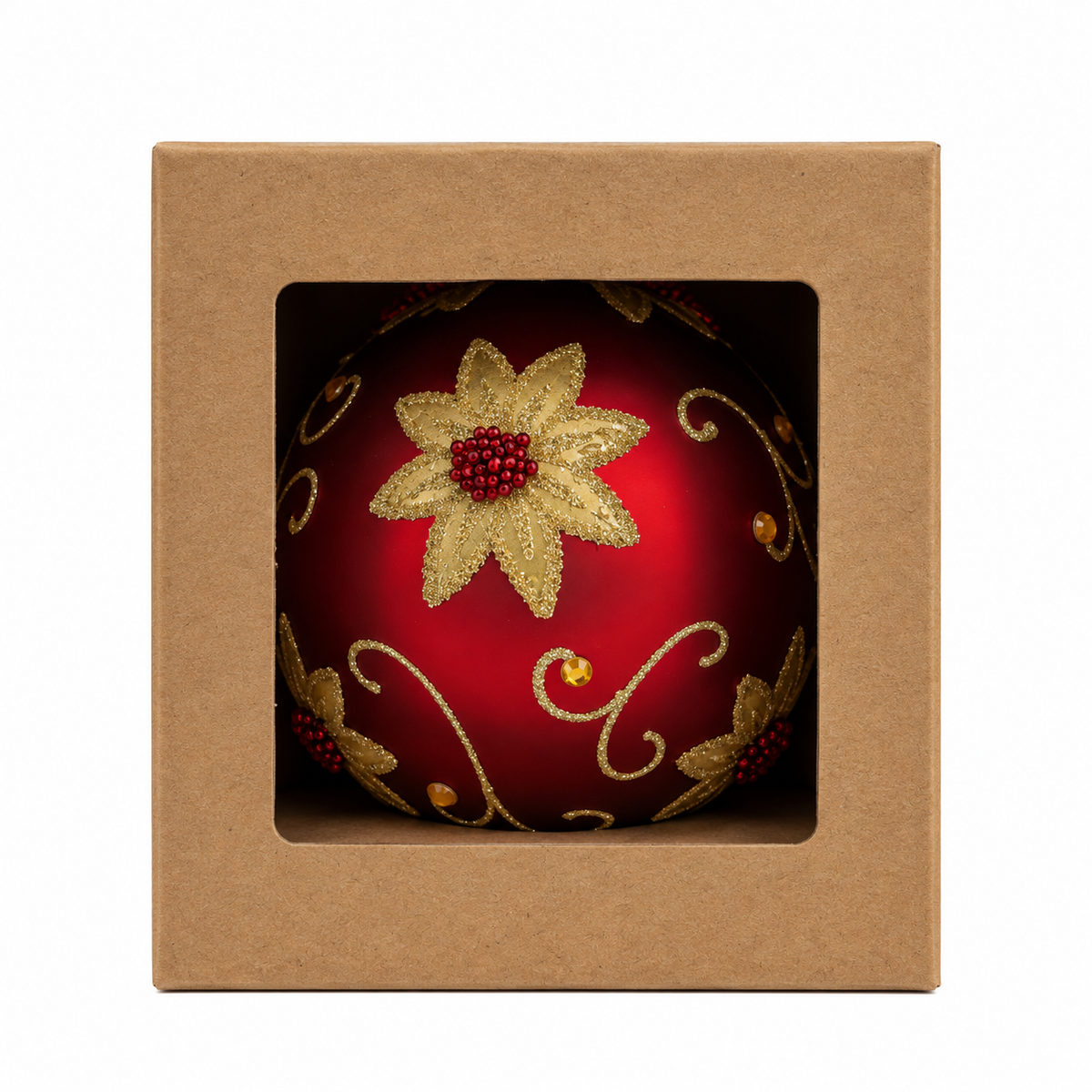 Pallina di Natale in vetro rossa e oro da 12 cm nella confezione regalo in kraft con finestra – Merry Worlds