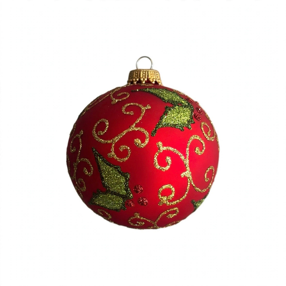 Pallina di Natale rossa con foglie di agrifoglio in vetro soffiato, 8 cm – palline di Natale in vetro Merry Worlds