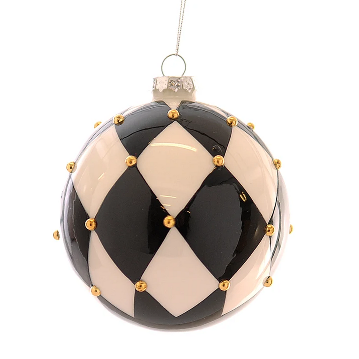 Pallina di Natale in vetro arlecchino bianco e nero con perline oro – palline di Natale eleganti Merry Worlds