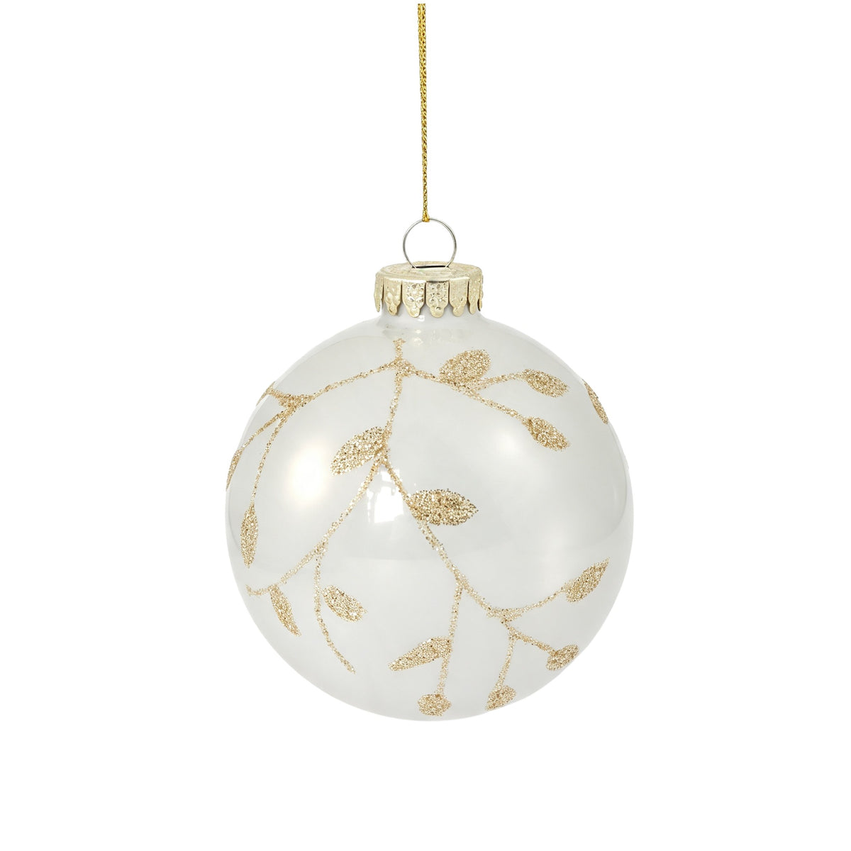 Pallina di Natale in vetro avorio con decoro foglie dorate, 8 cm – palline di Natale in vetro Merry Worlds