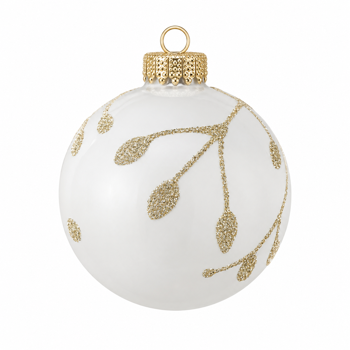 Pallina di Natale in vetro avorio con decoro foglie dorate, 8 cm – decorazioni per albero di Natale Merry Worlds, foto 2