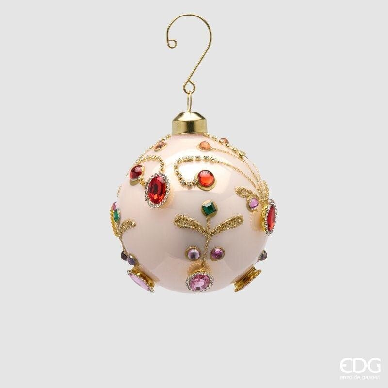 Pallina di Natale in vetro avorio con filigrana oro e gemme colorate, 8 cm